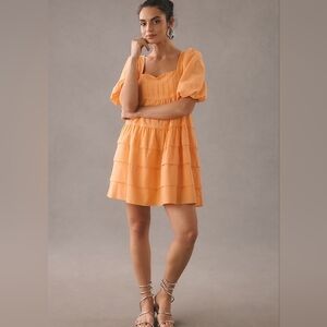 100 Cotton Anthropologie Puff-sleeve Tiered Sundress Orange Dreamsicle Medium